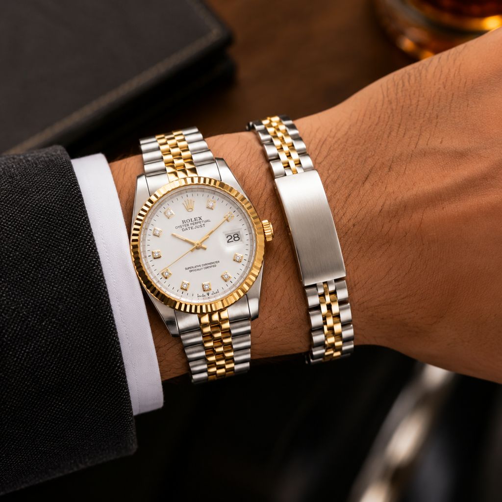پکیج ساعت رولکس مردانه مدل Date Just-طلایی  دستبند Rolex مدل Date Just